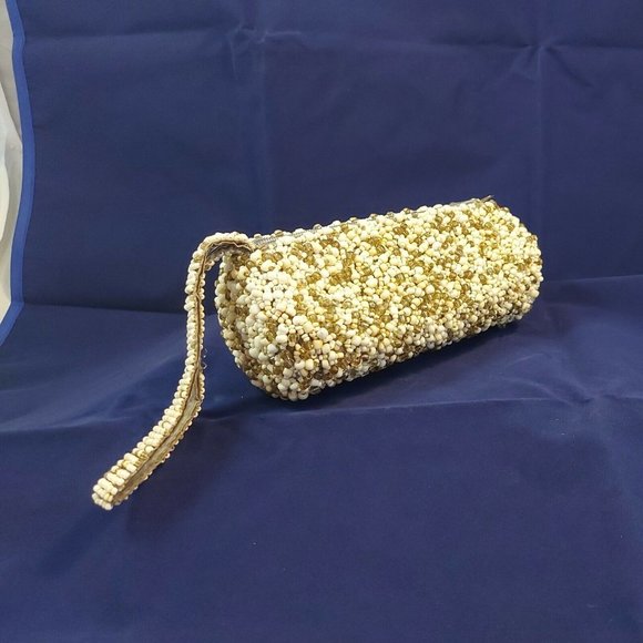 Beaded Clutch Bags Evening Bag Mini Beads Round Barrel White Gold Silver wrislet - Picture 4 of 10